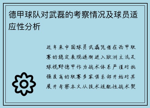 德甲球队对武磊的考察情况及球员适应性分析