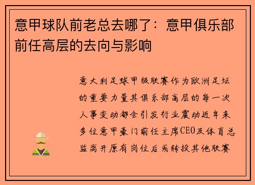 意甲球队前老总去哪了：意甲俱乐部前任高层的去向与影响